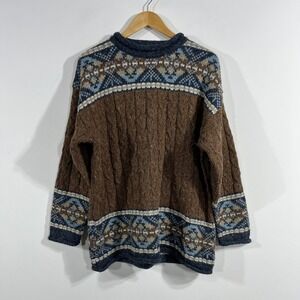VTG Folk Roll Neck Wool Blend Fair Isle Cable Knit Sweater Brown Large Fisherman